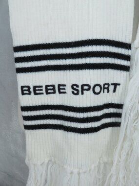 BEBE SPORT SCARF WHITE ONE SIZE Black Stripe Fringe Knit Vintage Y2K Logo Winter